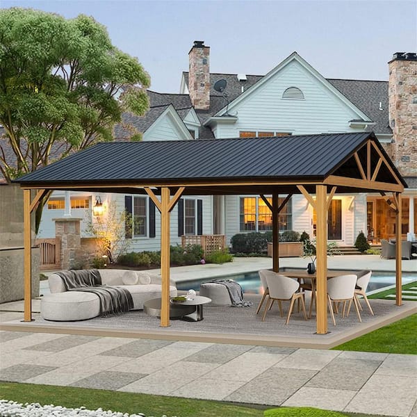 12 ft. x 20 ft. Outdoor Wood Grain Aluminum Frame Patio Gazebo with Galvanized Steel Hardtop Pavilion in Yellow Brown