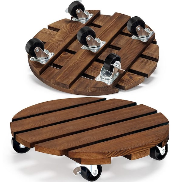 12 in. Wood Plant Caddy Rolling Plant Stand with 360° Lockable Caster Wheels for Indoor Outdoor Pots, Brown (2-Pack)
