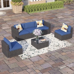 Black 5 Seat 6-Piece Rattan Wicker Steel Patio Outdoor Sectional Set and Coffee Table with Blue Cushions