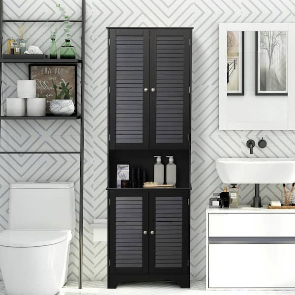 23.5 in. W x 11.75 in. D x 71.75 in. H Black MDF Freestanding Linen Cabinet with Shelf, 2-Cabinets, Black