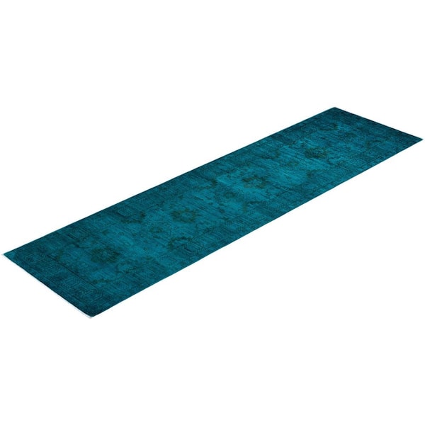 Overdyed Blue 3 ft. x 10 ft. Solid Wool Indoor Runner Rug