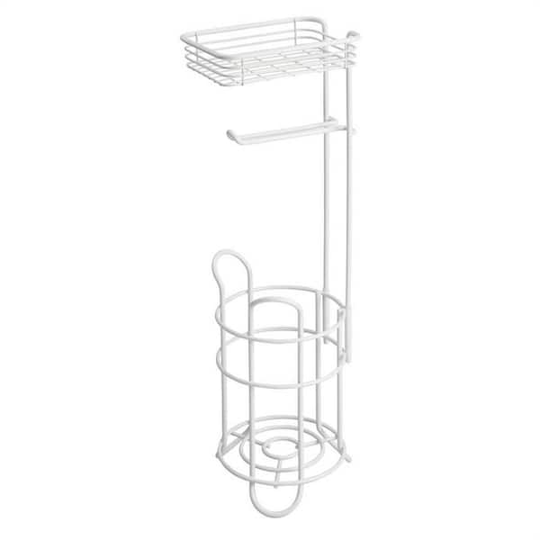 Freestanding Toilet Paper Holder Toilet Roll Dispenser with Storage Shelf in Matte White
