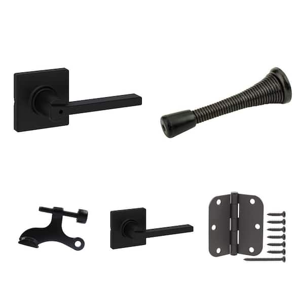 Casey Matte Black Bed/Bath Privacy Handle Lock, Hall/Closet Passage Handle, Door Stops, and 3-1/2 in. Hinge (3-Pack)