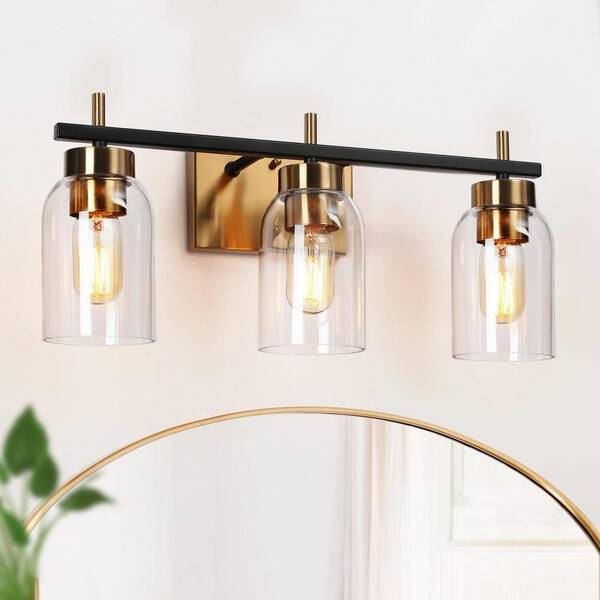 Zevni 20 in. Modern 3Light Brass Gold Bathroom Vanity Light, Black