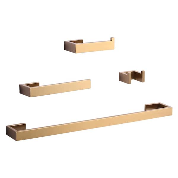 IVIGA 4-Piece Square Wall Mount Bath Hardware Set with Towel Bar, Towel Rack, Toilet Paper Holder and Hook in Gold