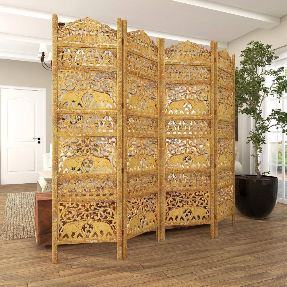Gold Wooden Carved Elephant 4-Panel Folding Privacy Screen