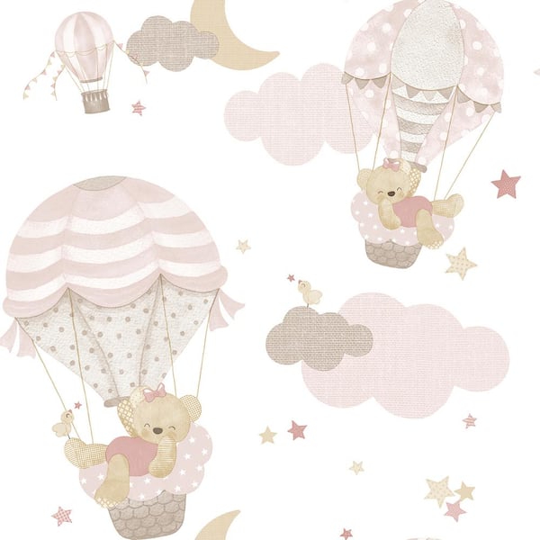 Unbranded Little Explorers 2 Pink Hot Air Balloons and Bears Matte Finish Non-Pasted Non-Woven Wallpaper Roll Sample