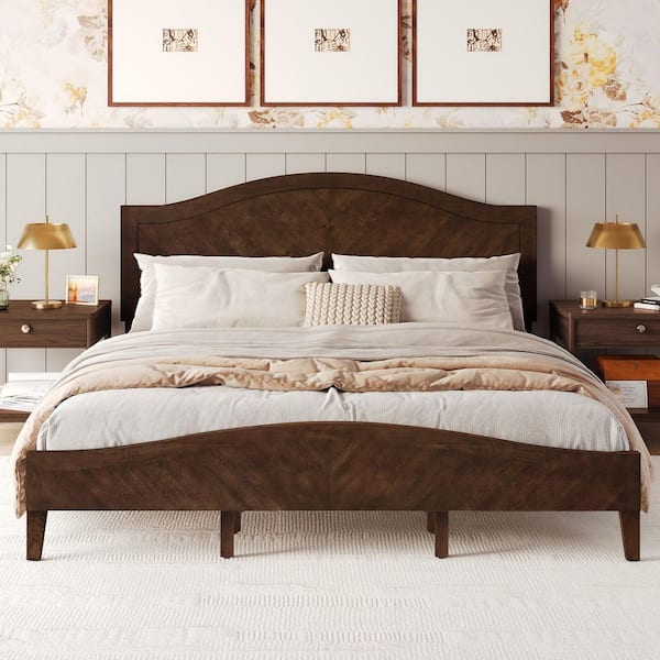 Adrian Classic Walnut Brown Solid Wood Bed Frame King Size Platform Bed with Elegant Curved Headboard and Footboard