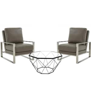 Jefferson Modern 3-Piece Leather Arm Chairs with Silver Frame and Octagonal Coffee Table Set, Grey
