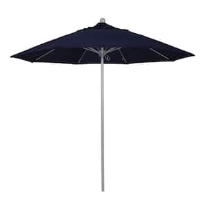 9 ft. Gray Woodgrain Aluminum Commercial Market Patio Umbrella Fiberglass Ribs and Push Lift in Navy Blue Pacifica
