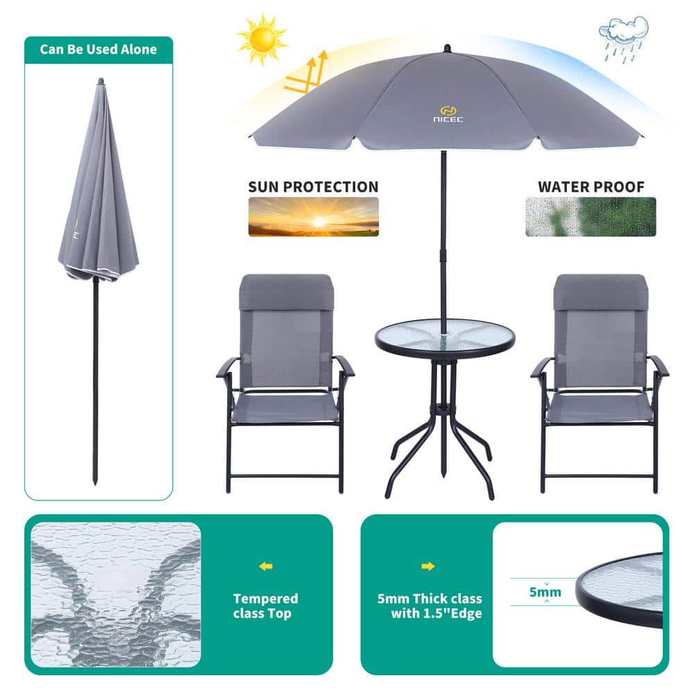 Gray 4-Piece Steel Patio Dining Set with Umbrella and Glass Table