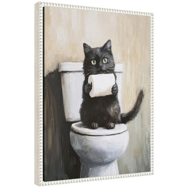 Kate and Laurel Sylvie "Cat Holding Bathroom Art" by The Creative Bunch Studio Beaded White Framed Art Print 18 in. x 24 in.