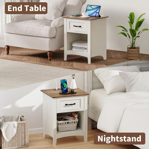 Hommpa Farmhouse Rustic White 1-Drawer 17.7 in. W Nightstand with