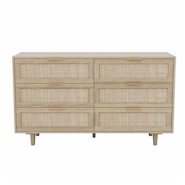 51.18 in. W x 15.75 in. D x 29.53 in. H Ready to Assemble Base Storage Cabinet in Natural, 6-Drawer Rattan Dresser