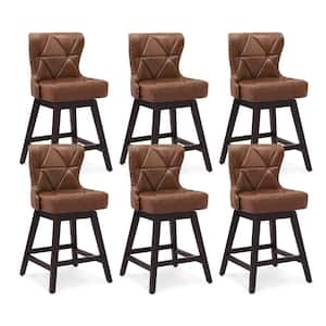 Zola 26 in. Dark Brown Wood Frame Counter Bar Stool Faux Leather Upholstered Swivel Bar Stool Set of 6