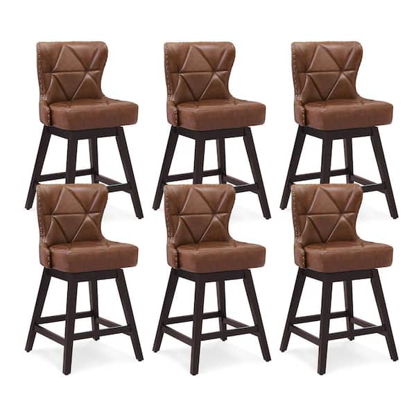 OrangeOne Zola 26 in. Dark Brown Wood Frame Counter Bar Stool Faux Leather Upholstered Swivel Bar Stool Set of 6