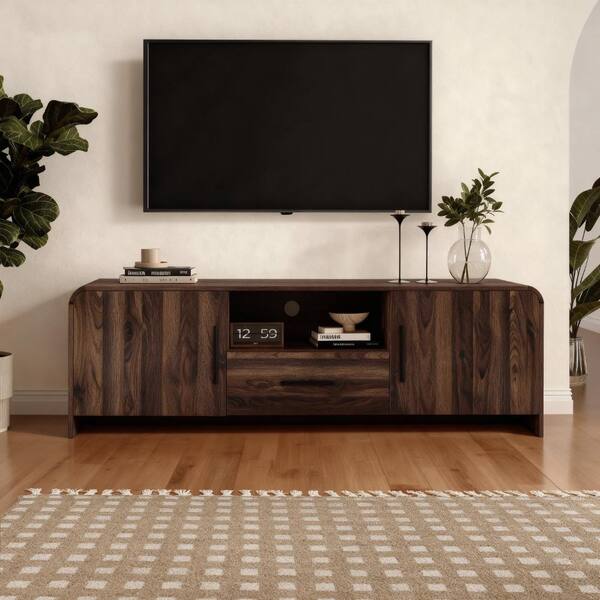 LuxenHome Mid-Century Walnut Finish MDF 2-Door 1-Drawer TV Console 
