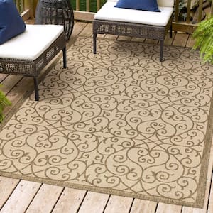 Madrid Vintage Filigree Textured Weave Beige/Brown 9 ft. x 12 ft. Indoor/Outdoor Area Rug