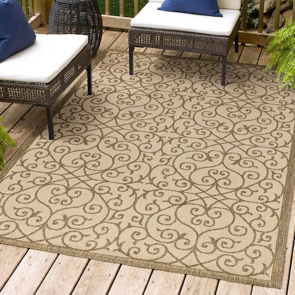 Beige/Brown 9 ft. x 12 ft. Madrid Vintage Filigree Textured Weave Indoor/Outdoor Area Rug