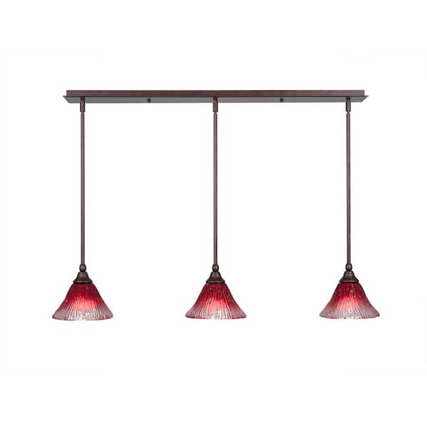 Unbranded Livingston 100-Watt 3 Light Bronze, Linear Pendant Light with 7 in. Raspberry Crystal Glass Shades No Bulbs Included