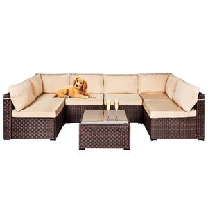 Brown 7-Piece Wicker Patio Conversation Furniture Set with Camel Cushions and Tea Table