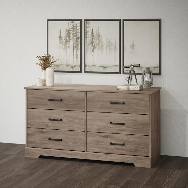 Prepac Rustic Ridge Rustic Brown 6-Drawer 53.25 in. x 28.5 in. x 18.25 in. Dresser, Wooden Chest of Drawers for Bedroom