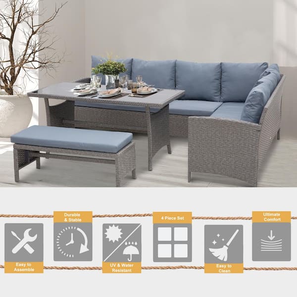 Outsunny 4 Piece Metal Plastic Rattan Patio Conversation Set With Blue Cushions 3 Seater Sofa Dining Table And Long Bench 860 109 The Home Depot - Outsunny Patio Furniture Assembly Instructions
