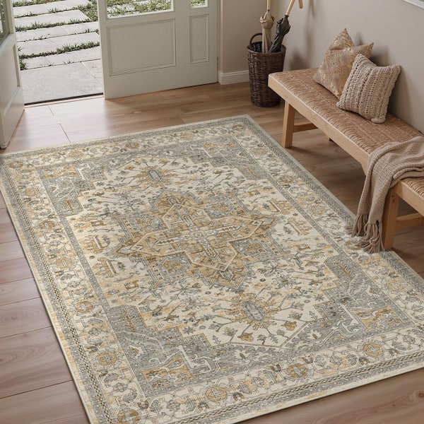 Imam Brown 5 ft. x 7 ft. Vintage Washable Medallion Distressed Area Rug