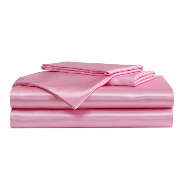 Solid 4-Piece Pink Satin Full Sheet Set