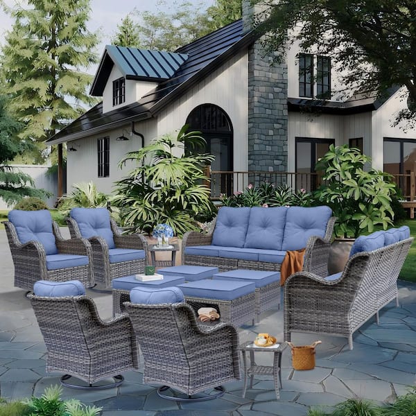 Xingzjojor Gray 12-Piece Wicker Outdoor Patio Conversation Seating Sofa Set with Denim Blue Cushions and Swivel Rocking Chairs