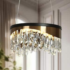 Modern Chandelier 1-Light Glam Drum Plating Brass and Matte Black Integrated LED Foyer Chandelier with Crystal Accents