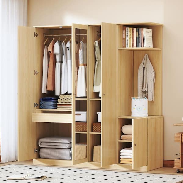 4-Door Natural Brown 58.9 in. Wardrobe with Shelves, Drawers and Full Length Mirror