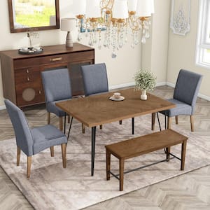 Brown 6-Piece Oak Top Dining Table Set with 4-Gray Upholstered Chairs, One Wood Bench, Black Iron Table Legs