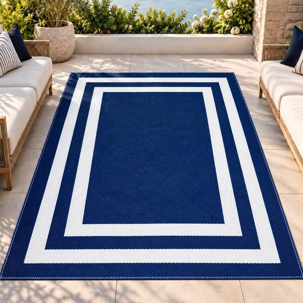 Paris Navy and Creme 5 ft. x 7 ft. Folded Reversible Recycled Plastic Indoor/Outdoor Area Rug-Floor Mat