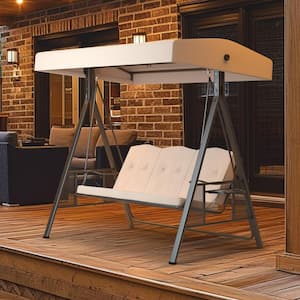 3-Seat Outdoor Metal Porch Swing with Stand, Cushions and Canopy, Cream White