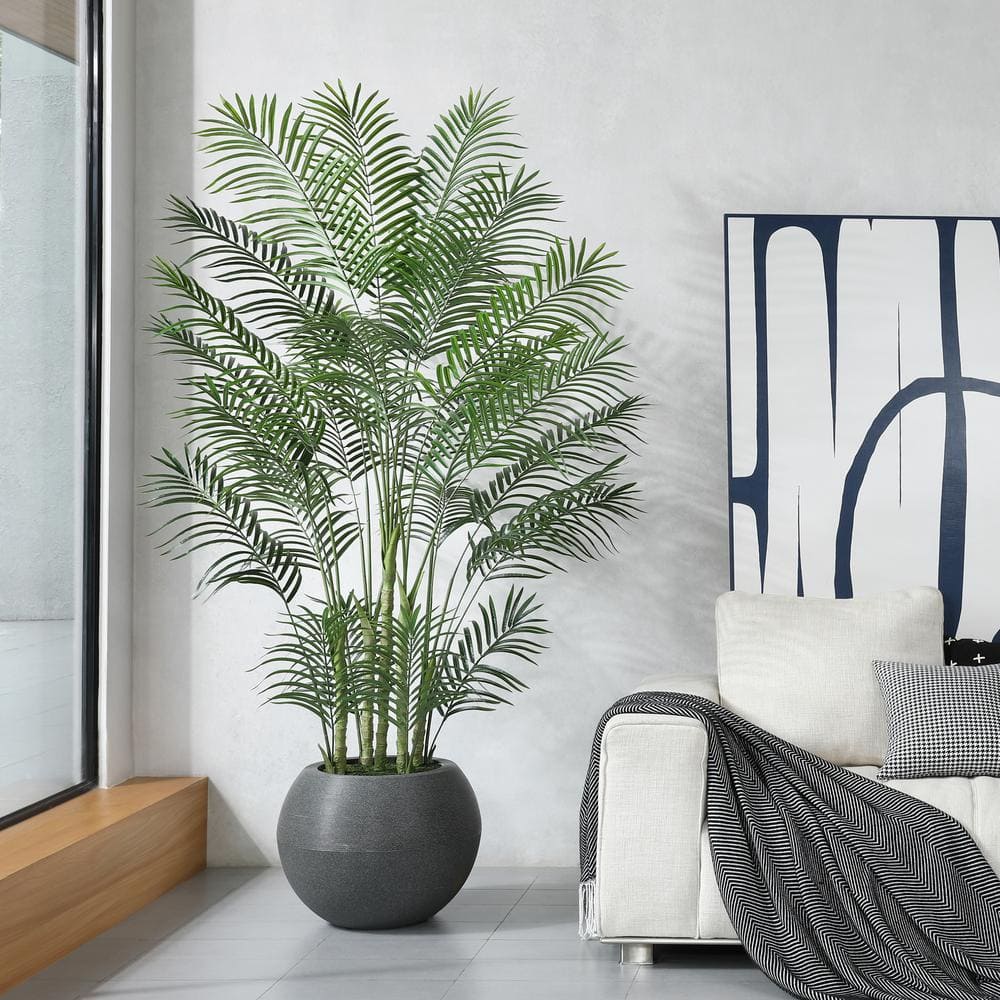 7 ft Green Artificial Palm Tree with Gray Round Planter