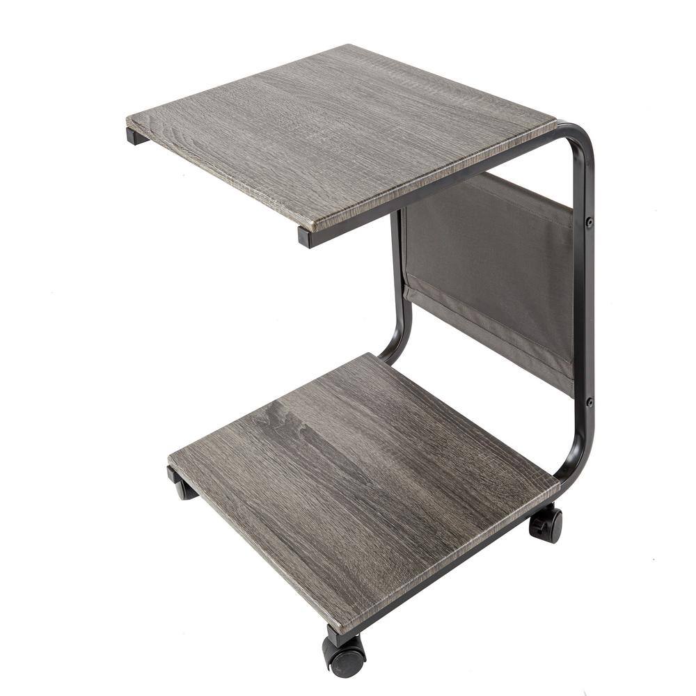 Rustic Ashwood and Black Metal Rolling C-Shaped End Table