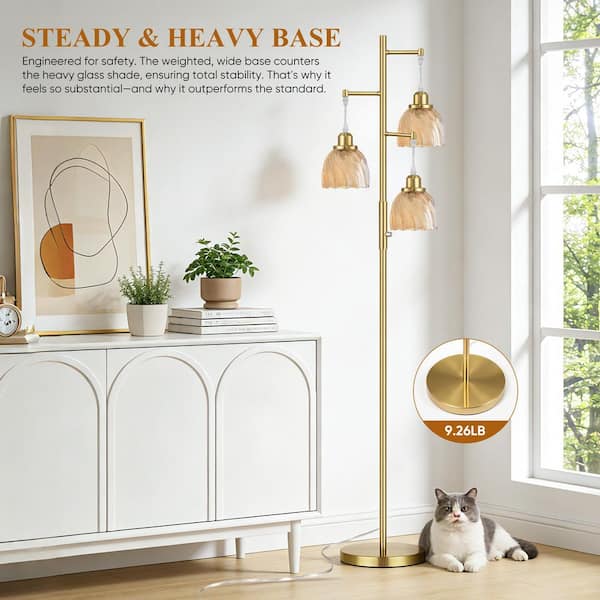 ROTTOGOON 66 in. Gold Mid Century 3-Light Dimmable Tree Floor Lamp