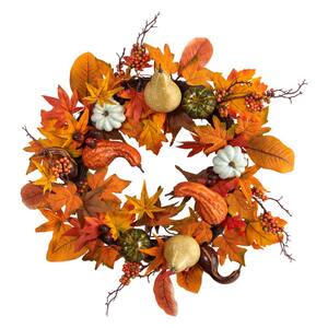 24 in. Orange Autumn Pumpkin, Gourd and Berries in Assorted Colors Artificial Fall Wreath