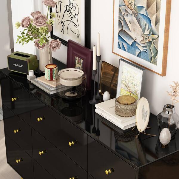 FUFU&GAGA Black Mirror Finished Wooden 9-Drawer 55.1 in. W