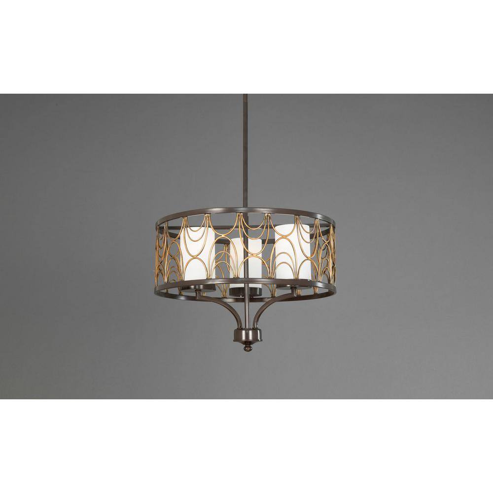 Antique Bronze Drum Chandelier with Etched White Glass