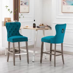 Harper 29 in. Teal Velvet Tufted Wingback Kitchen Counter Bar Stool with Solid Wood Frame in Antique Gray