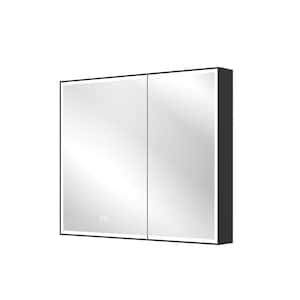 36 in. W x 30 in. H Rectangular Black Aluminum Recessed/Surface Mount LED Medicine Cabinet with Mirror,Outlet,Soft Close