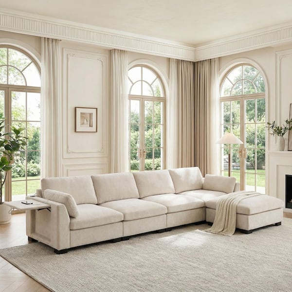 130 in. Chenille L-Shape Sectional Sofa in Beige with Ottoman, Folding Table, Dual-Port Charging, Side Storage Pockets