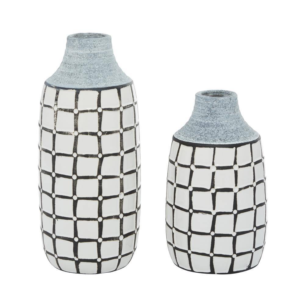 Coastal Charm White Ceramic Vase Duo with Grid Pattern