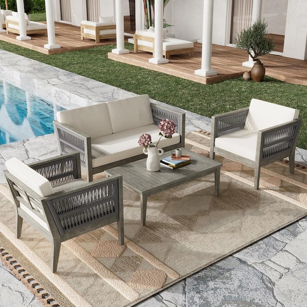 Unbranded 4-Piece acacia Wood Outdoor Bistro Set with Coffee Table for Backyard Porch Balcony with Cushions, Gray and Beige