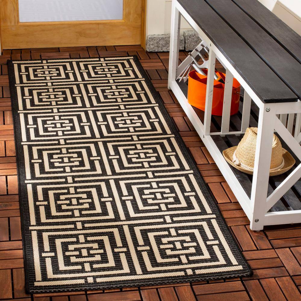 Black and Bone Geometric Synthetic Outdoor Runner Rug