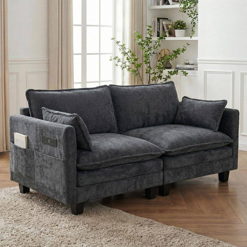 Heidi Modern 74.8 in. Track Arm Chenille Upholstered Rectangle Loveseat Sofa in Black with USB Ports, Side Pockets price history on PriceWatchPro