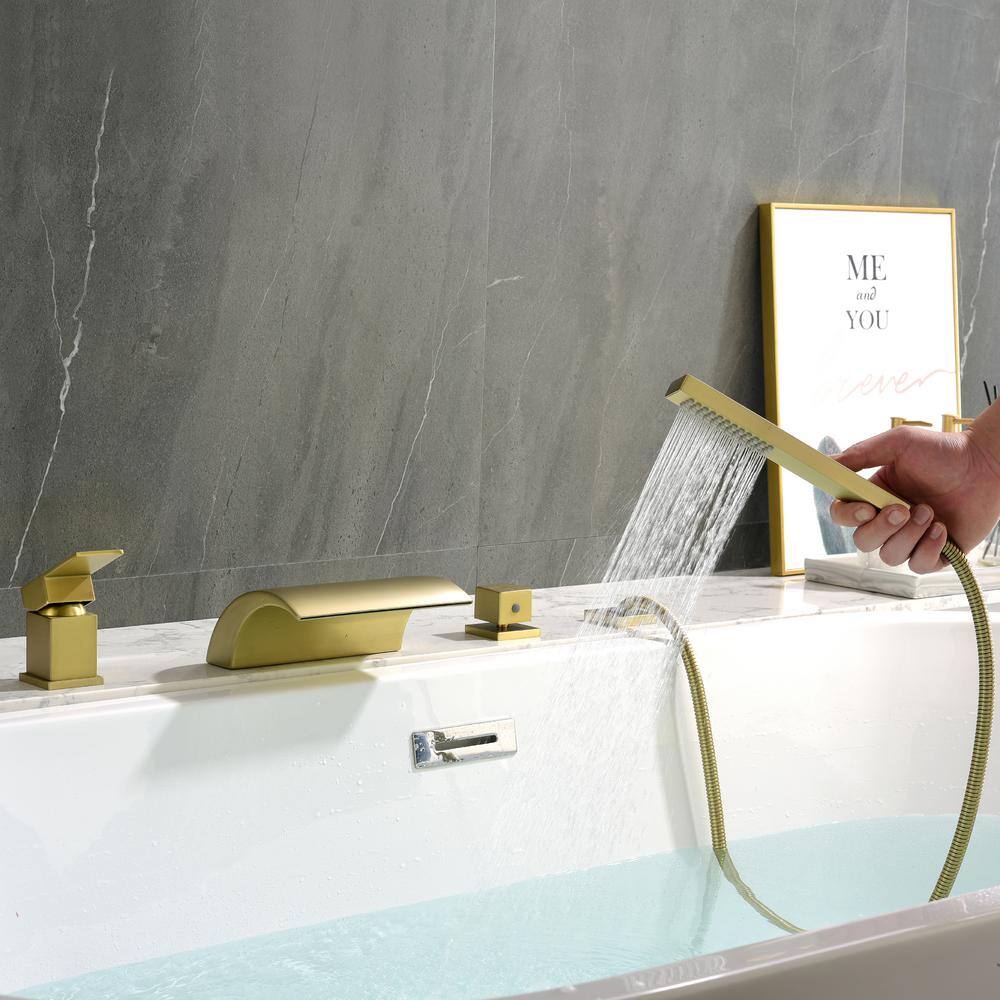 Brushed Gold Single Handle Waterfall Tub Faucet with Hand Shower