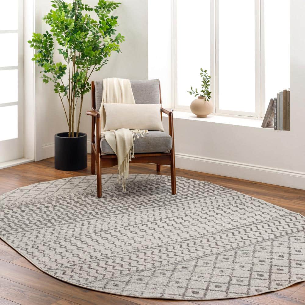 Louise Gray and White Synthetic Oval Area Rug 5' x 8'